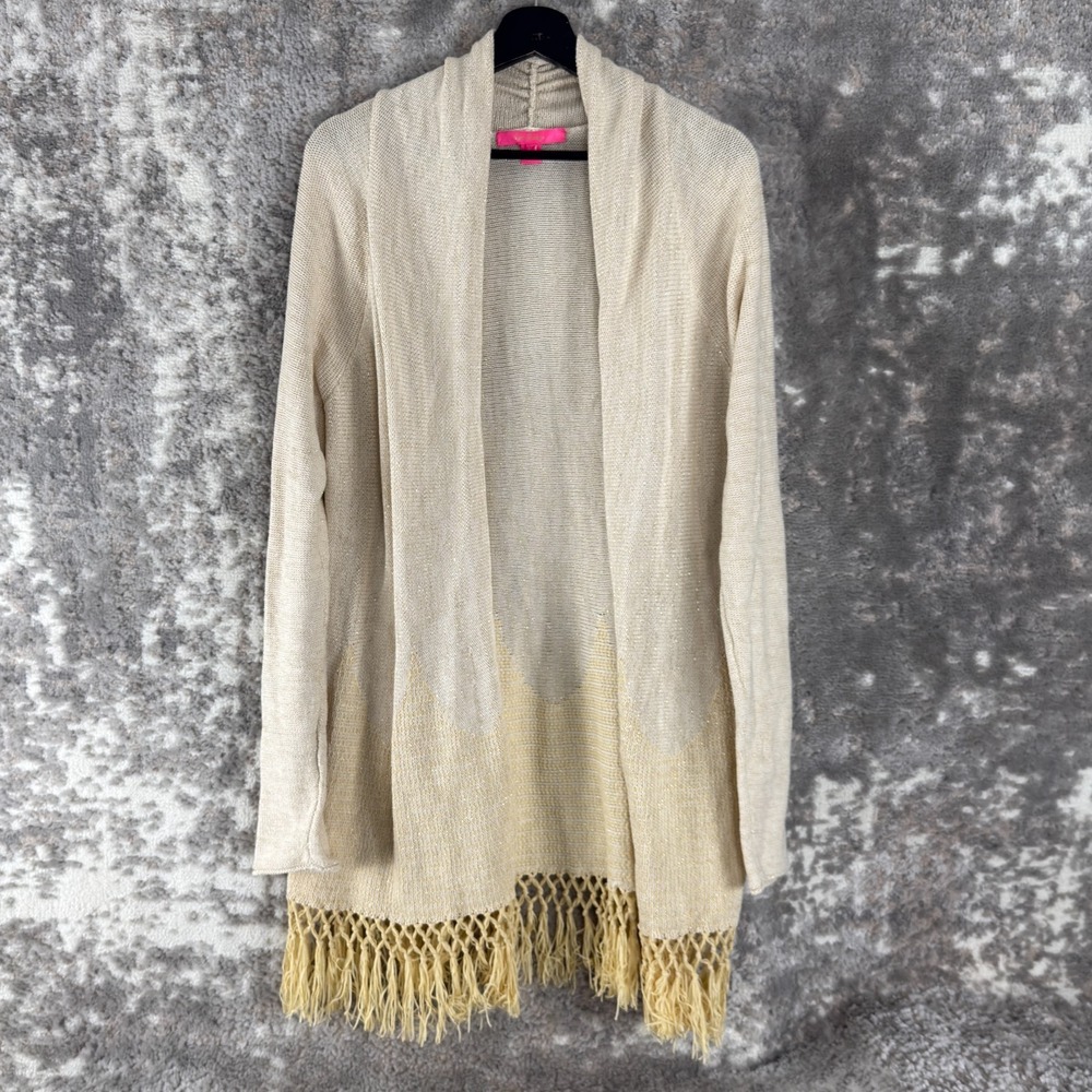 Lilly Pulitzer Size L Outdoor Open Front Cardigan Sweater Tan Long Sleeve